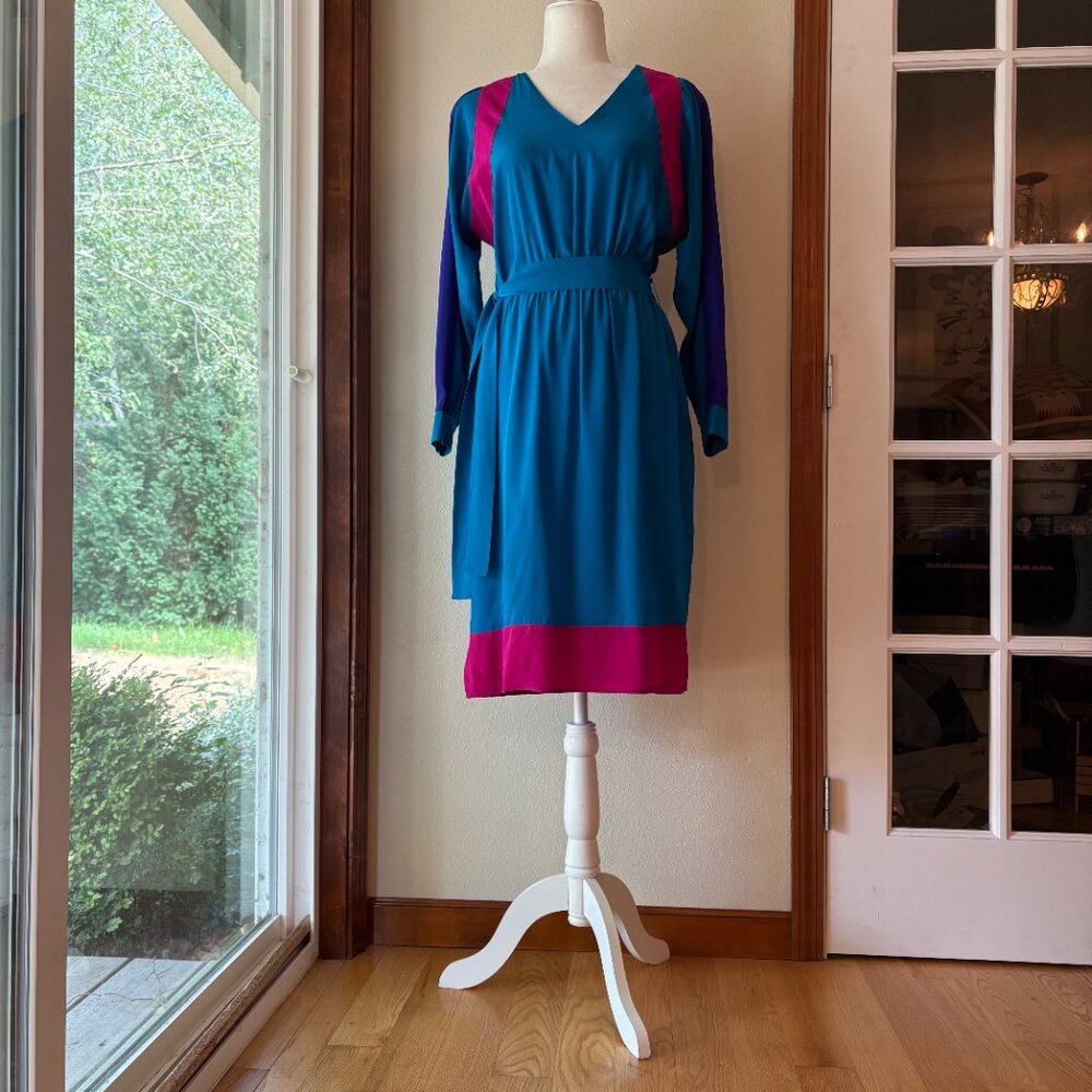 VTG 80s Argenti 100% Silk Midi Dress Colorblock Teal Barbie Pink Mrs. Wheeler - Picture 5 of 9